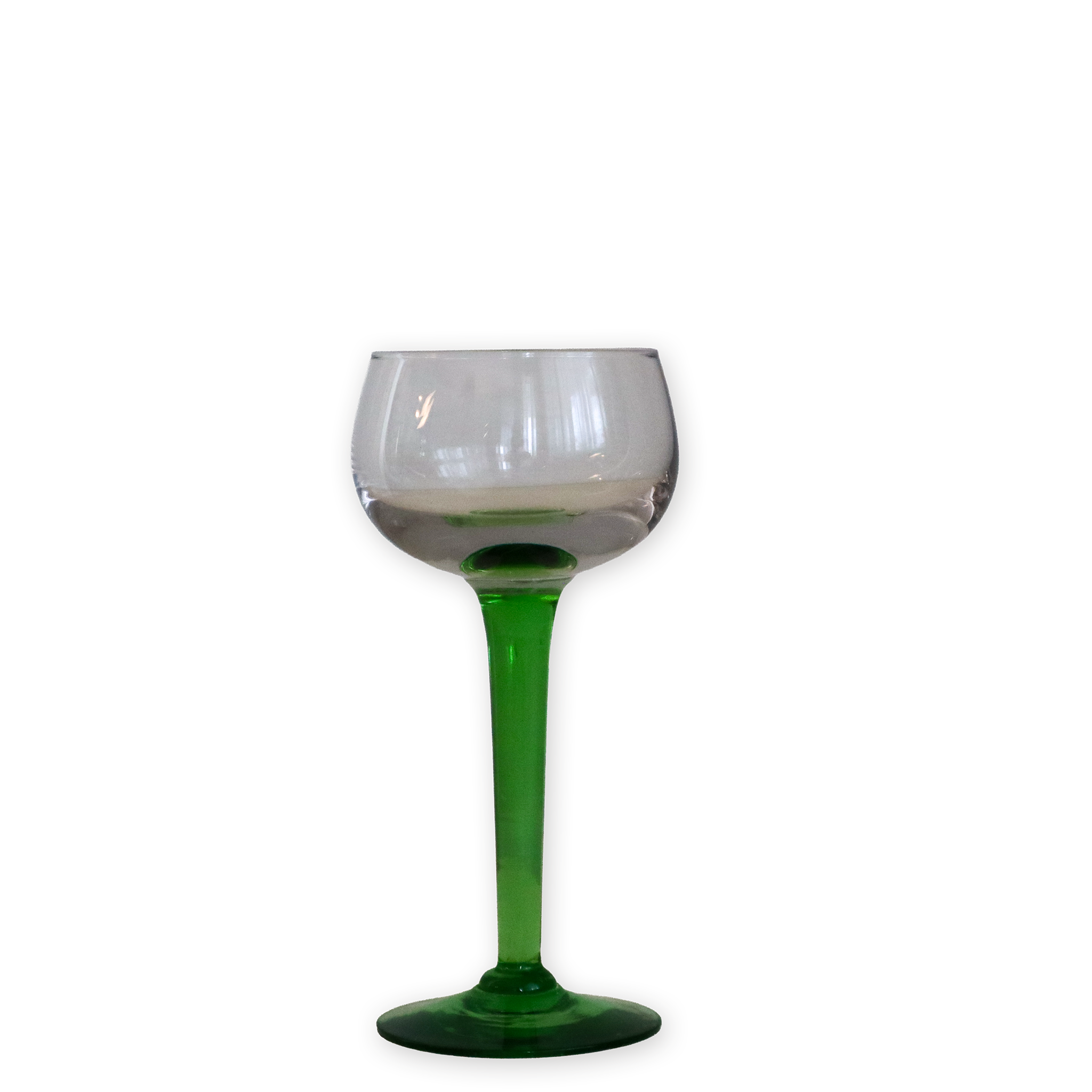 A stemmed wine glass with a clear glass bowl and a vibrant green stem and base, isolated on a white background.
