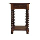 Wooden side table with spiral legs on a white background