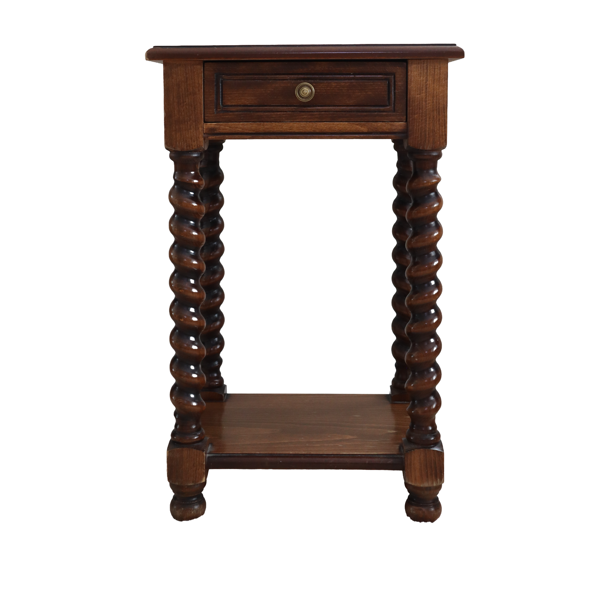 Wooden side table with spiral legs on a white background